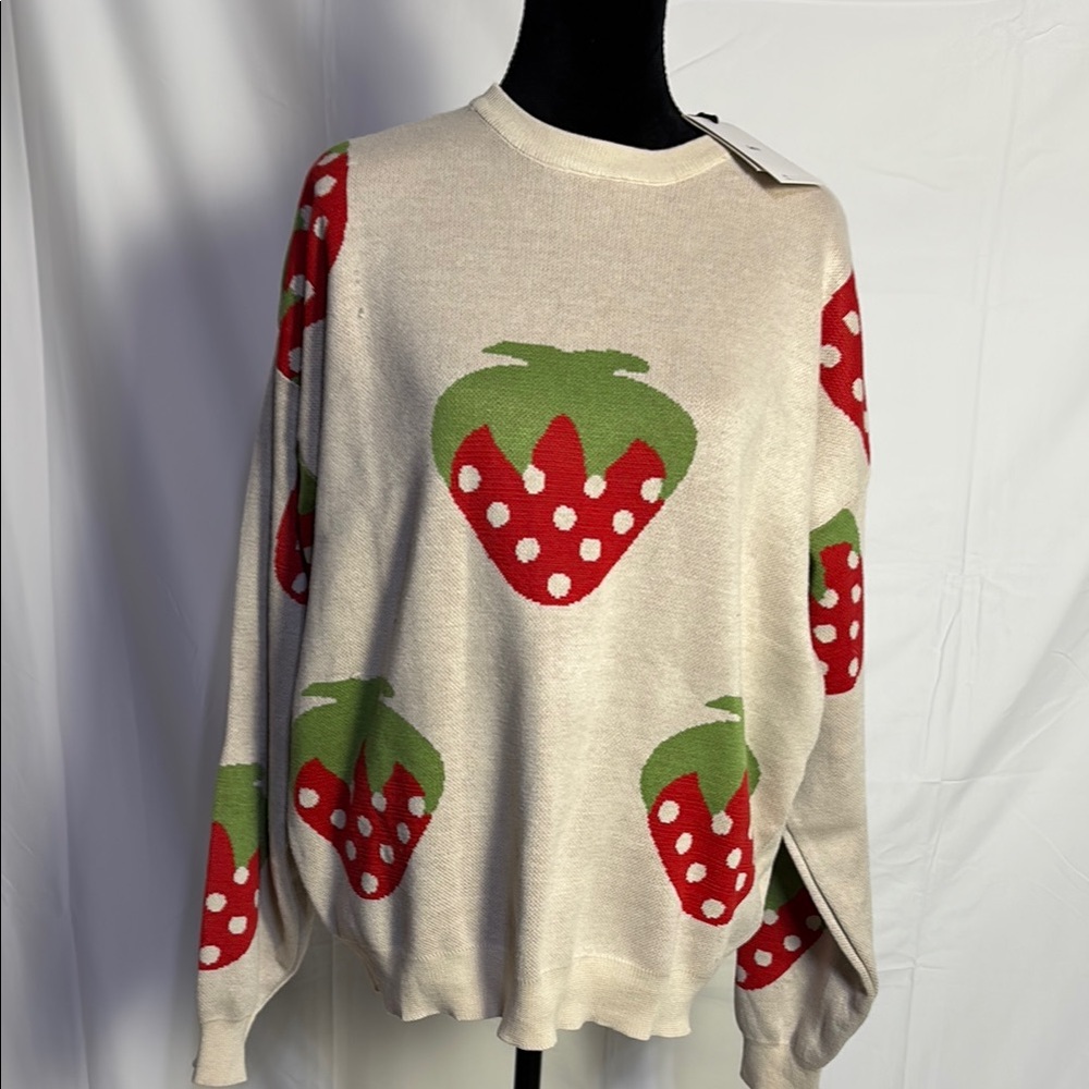 Cream and Red Crew Neck Sweater with Strawberry Design
